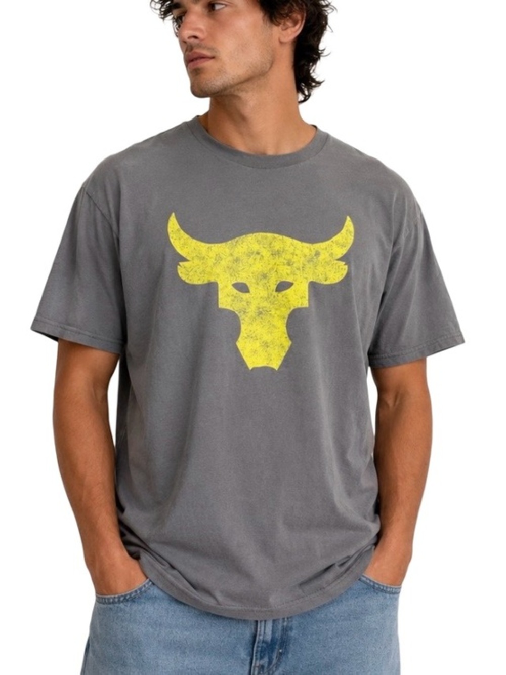 Under Armour Project Rock Grey T Shirt Yellow Brahma Bull Logo Size Medium